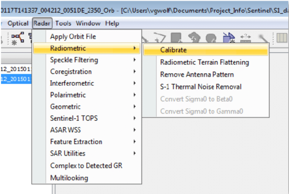 Figure 7 shows how to select the Calibrate function in the Radiometric group of the Radar menu