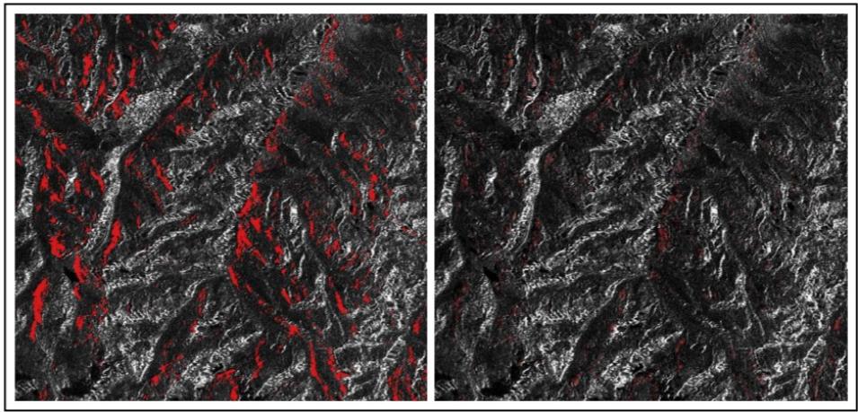 Figure 13 shows a comparison of NoData pixels (shown in red) in RTC products from Version 6 (left) and Version 8 (right)