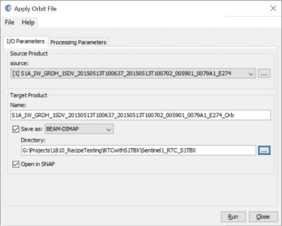 Figure 3 shows how to a apply Orbit File – I/O Parameters