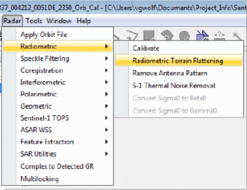  Figure 9 shows the Radiometric Terrain function in the Radiometric group of the Radar menu