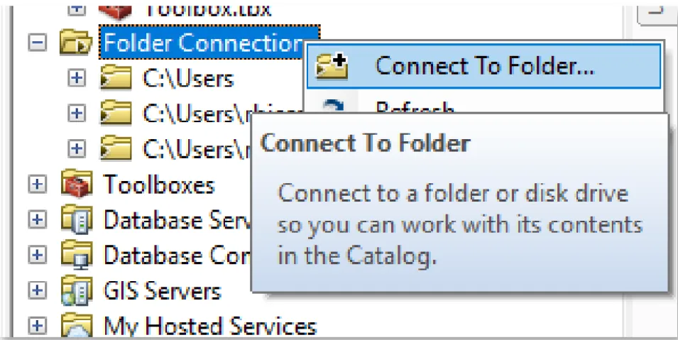 Figure 15 shows how to create a new Folder Connection in ArcMap