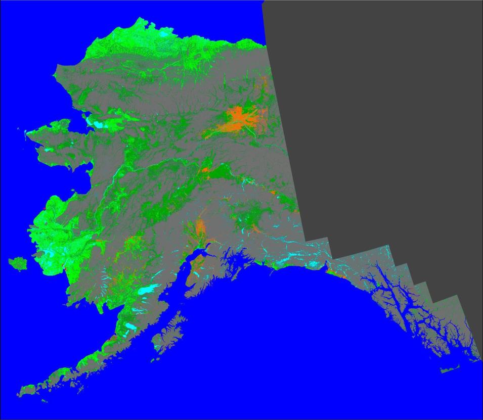 A map of Alaska wetlands shows the state in shades of green, tan, and orange, with orange indicating higher ground. The surrounding ocean is bright blue.