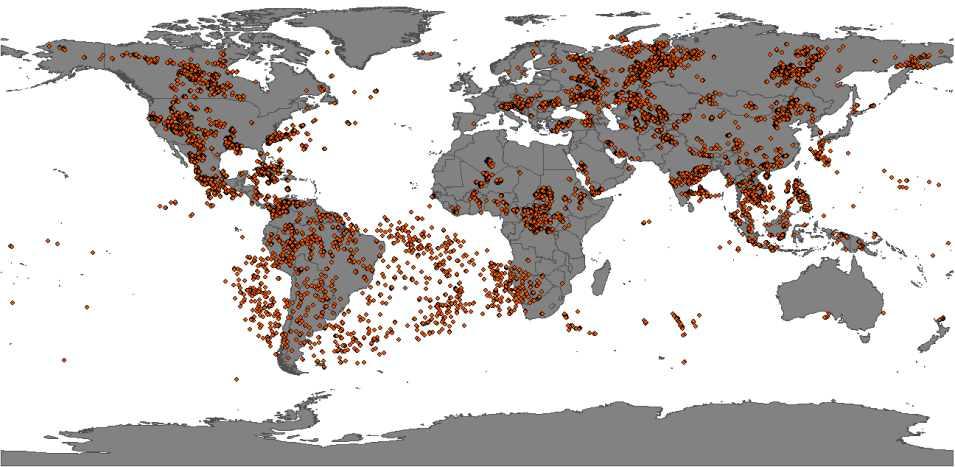 global map with dots showing detected lightning flashes