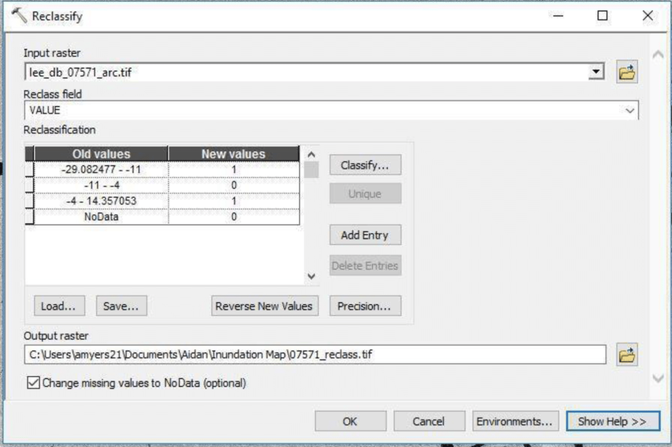 This image shows the how to set-up classify in ArcGIS for one sample granule.