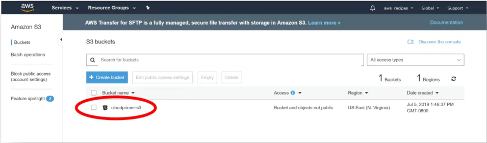 This image shows the S3 buckets console