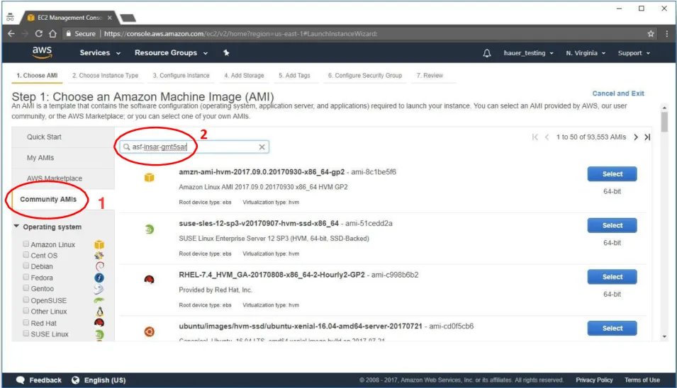 This image shows how to search Community AMIs for asf-insar-gmt5sar