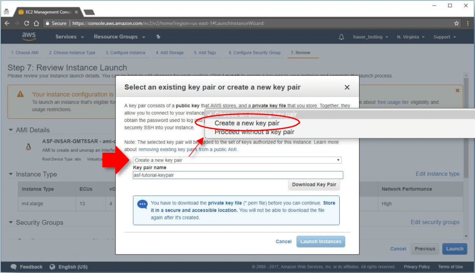 This image shows how to select Create a new key pair