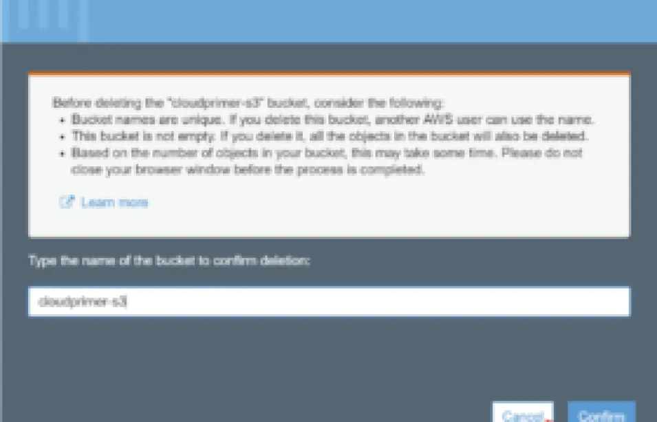 This image shows the Delete bucket pop-up window