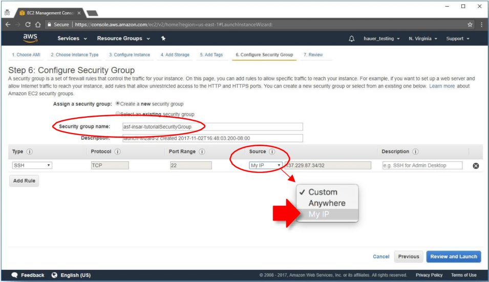 This image shows how to enter a Security group name and choose a Source