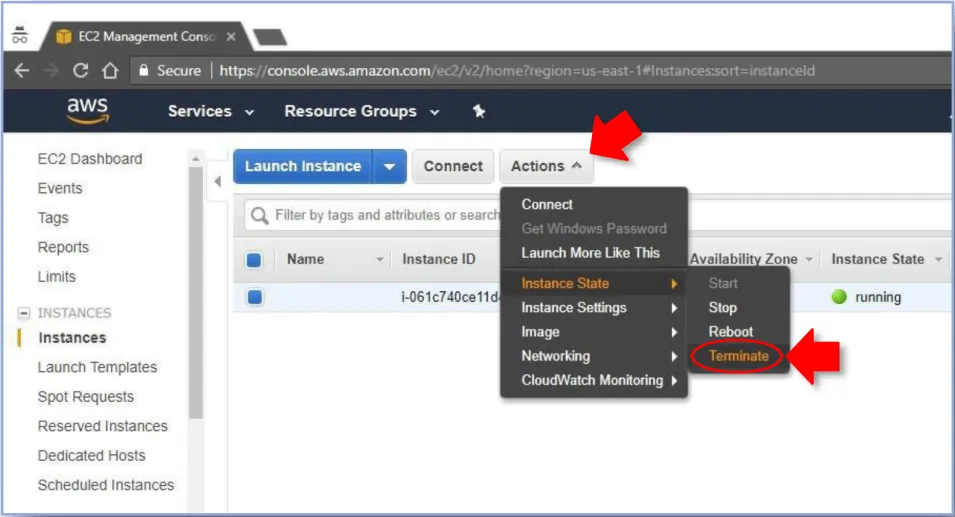 This image shows how to navigate to terminate the EC2 Instance