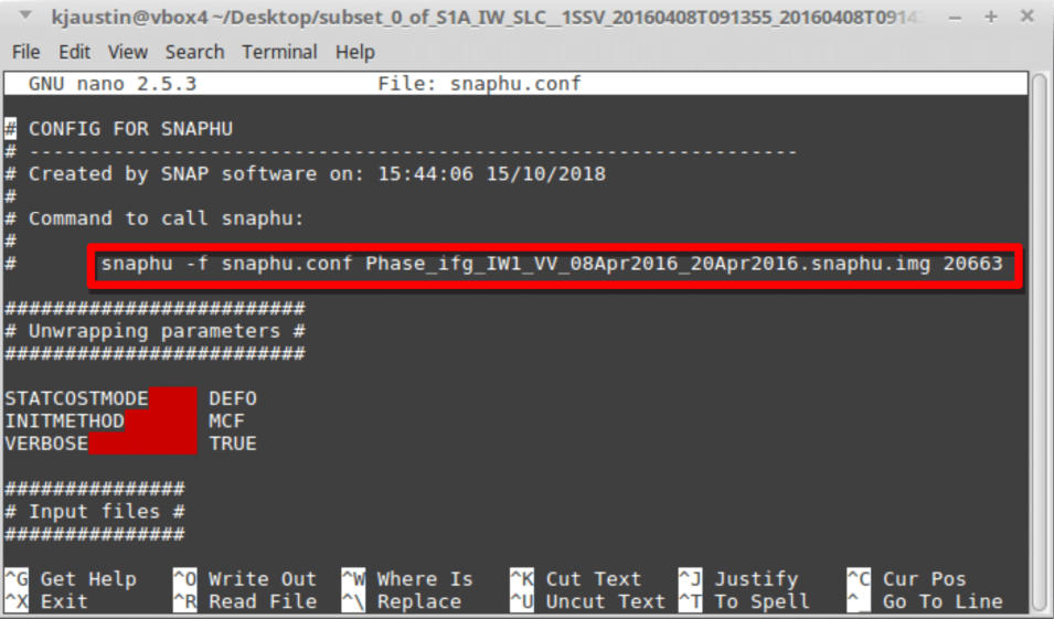 Copying the "Command to call Snaphu" text from the configuration file.