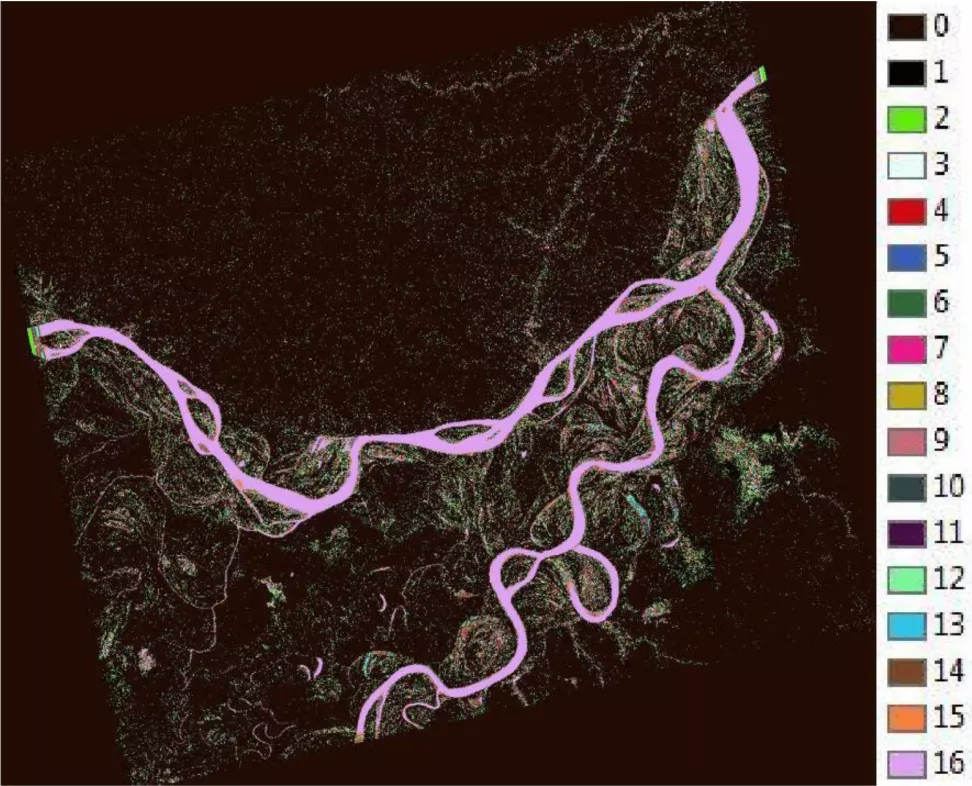 This image shows a map of inundation in the Amazon rain forest. The color key provides the color for the number of times an area was flooded in 16 granules, and 16 (pink) represents constant river. Numbers less than 16 are the number of times an area floods. Credit: Chapman, Guritz 2016; RTC: ASF 2015; Includes Material ©JAXA/METI 2007.