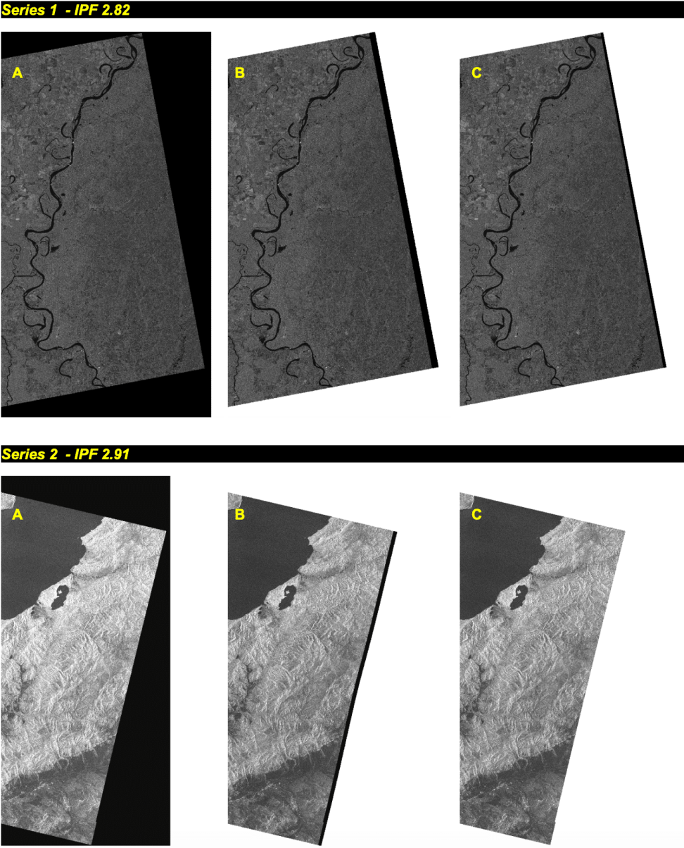 This series of images shows different Nodata Settings. Series 1 is an image processed by ESA with IPF 2.82, Series 2 is an image processed by ESA with IPF 2.91. In each series, A was projected with neither nodata option applied, B was projected using only the -dstnodata option, and C was projected with both -srcnodata and -dstnodata options applied.