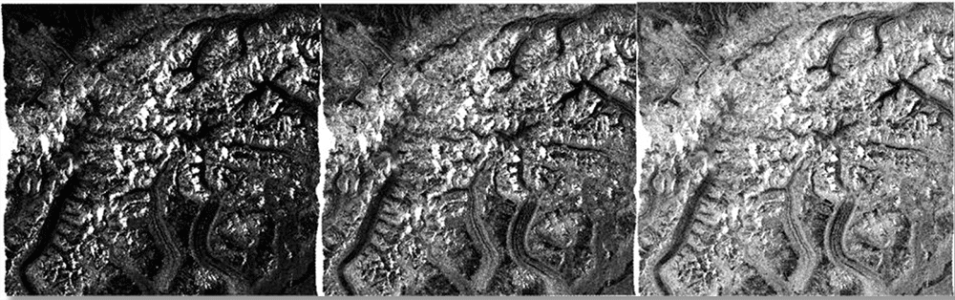 A portion of the Alaska Range in Denali National Park in (A) RTC Gamma0 Image, (B) Amplitude Image, (C) dB Power Image