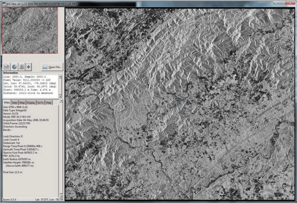 This is a sample granule image displayed in ASF MapReady of the Blue Ridge Mountains. ©JAXA/METI 2007