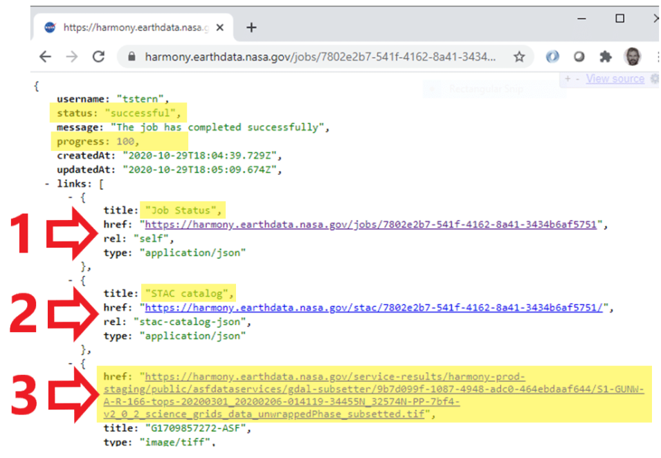 This image, Figure 4., shows a browser window with links to 1.) Job Status; 2) STAC Catalog; and 3) Products