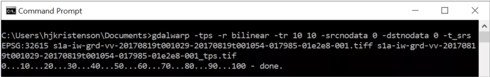 This image shows screen for running gdalwarp in Windows Command Prompt
