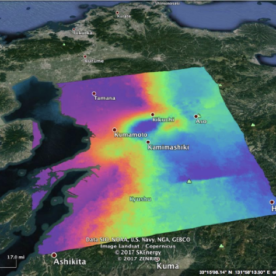 Image of  the Geocoded Kumamoto Unwrapped Phase projected onto Google Earth. 