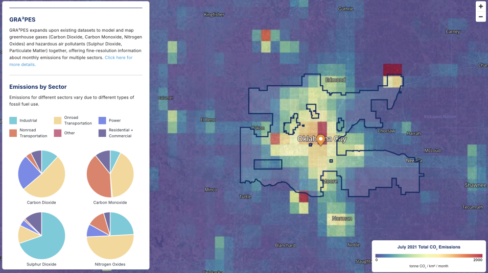 Screenshot with pie charts on the left and a map of Oklahoma City on the right with colors indicating CO2 concentrations.