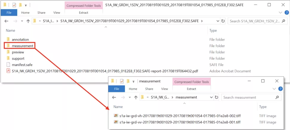 This image shows the contents of the GRD SAFE file, within the downloaded .zip file
