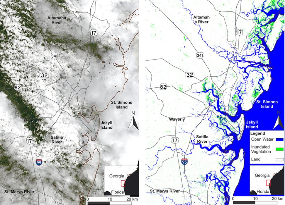 This is a two-part, rectangular image. On the left is imagery from space of Jeckyll Island, GA. The ground is mostly obscured by blankets of clouds. Overlaid across the top of the image are black drawn lines to show roadways and the outline of the land. On the right is a map of the same area. Land is colored white, roadways are black, inundated vegetation areas are green, and water is colored blue. The Atlantic is in the lower-right and its blue shaded water extends into the land.