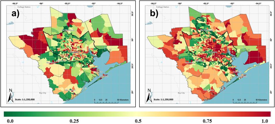 Side by side maps showing the Houston metro area in 2000 (left map) and 2020 (right map) for U.S. census tracts; colors in the maps indicate Social Vulnerability Index values.