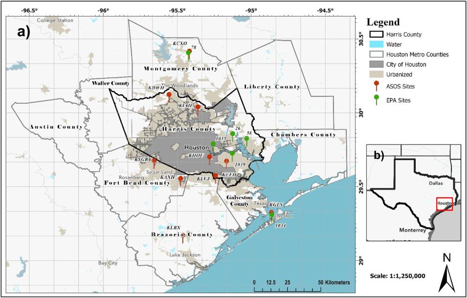 Map showing the counties comprising the Houston metropolitan area; colored dots indicate the location of air quality sensors