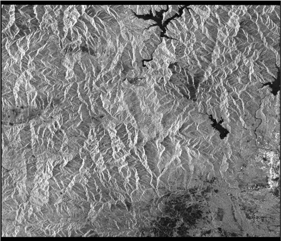 This image shows Level 1.5 ALOS PALSAR granule of the Klamath Mountains in northern California. © JAXA/METI 2008.