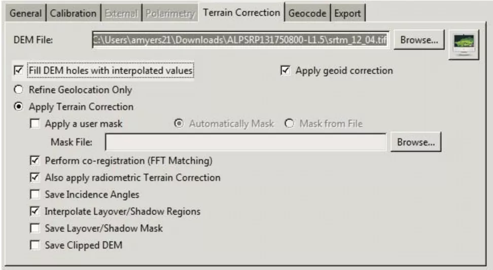 This image shows the correct set-up for the Terrain Correction tab.