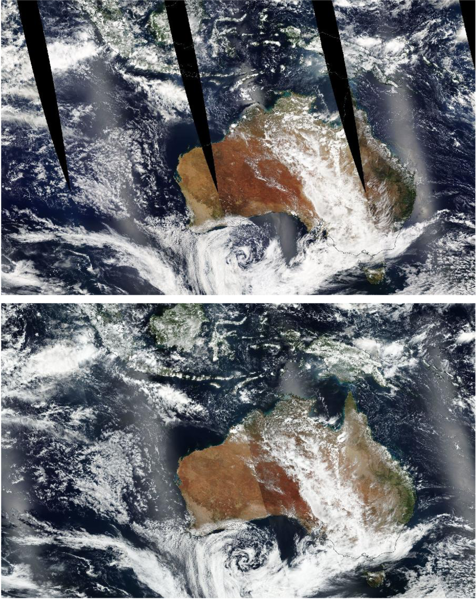 stacked true color images showing Australia; top image is MODIS; lower image is VIIRS