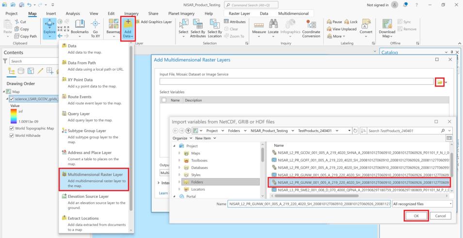 Screenshot of ArcGIS add GUNW feature