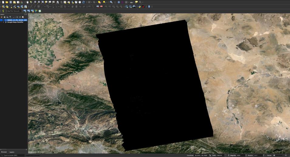 Screenshot of QGIS visualization without symbology