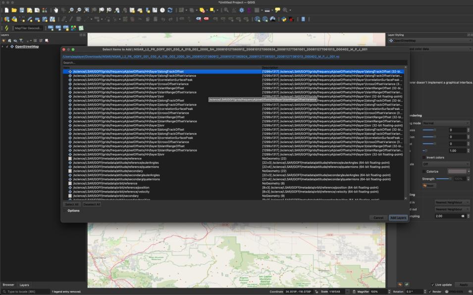 Screenshot of the GOFF product in QGIS with layer selection