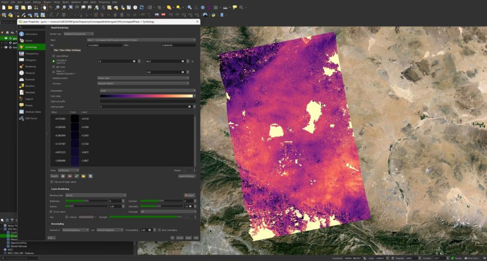 Screenshot of QGIS GUNW visualization with color