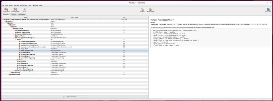 Screenshot on Panoply, where the right panel shows the structure of the file as well as the metadata, and the left panel provides users the option to select the dataset they want to use.