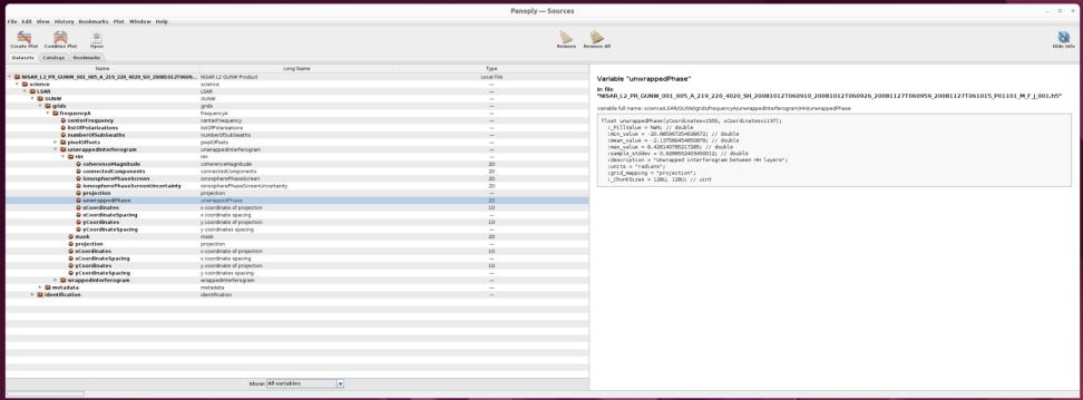 Screenshot on Panoply, where the right panel shows the structure of the file as well as the metadata, and the left panel provides users the option to select the dataset they want to use.