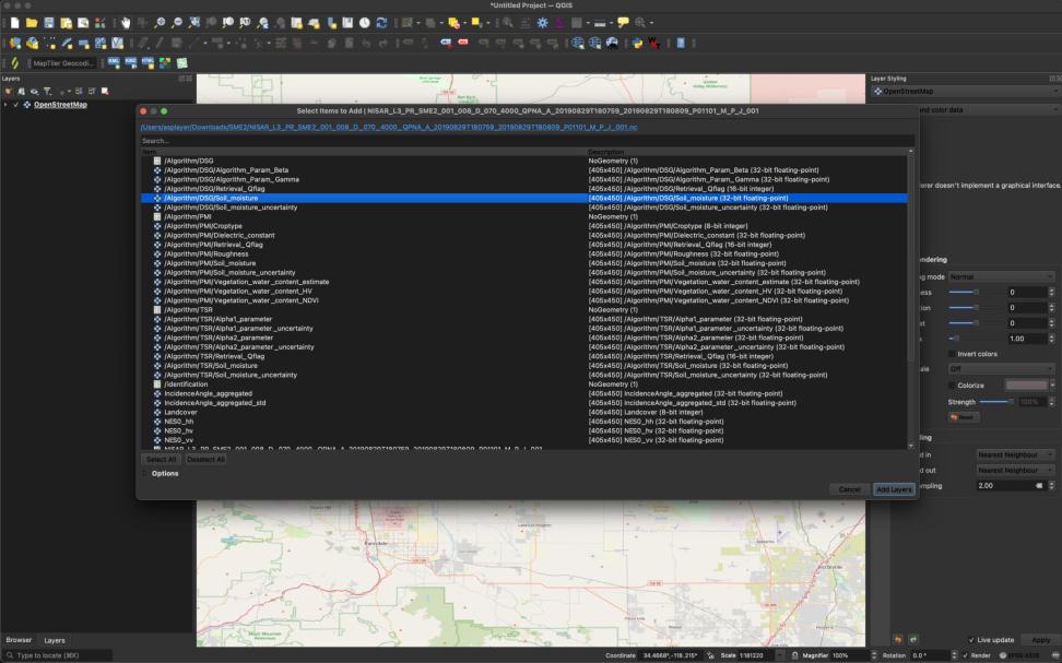 Screenshot of QGIS layer selection