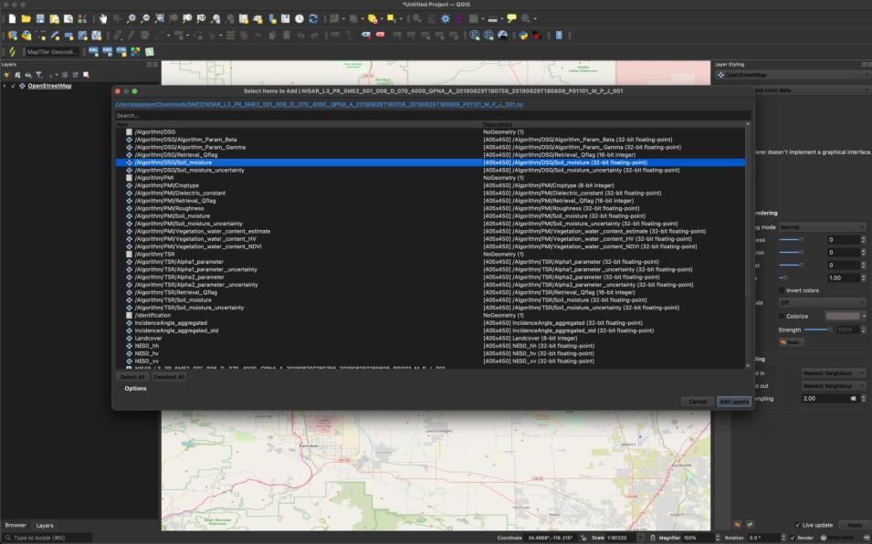 Screenshot of QGIS layer selection