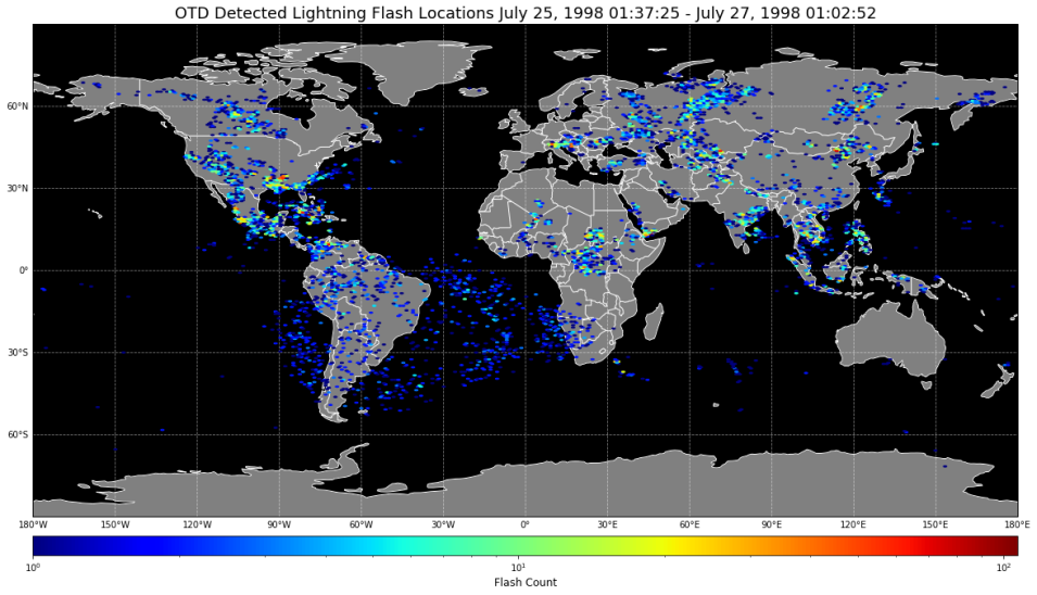 Global image showing colored dots indicating detected lightning flashes