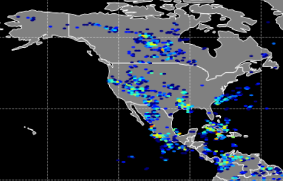 Image of the U.S. with colored dots indicating lightning strikes