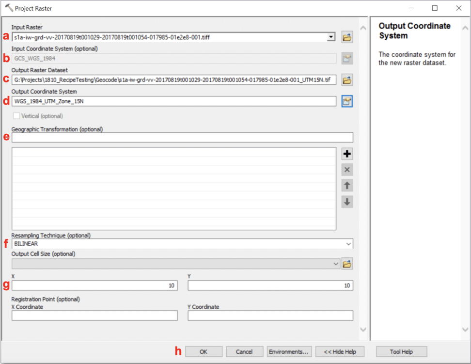 This image shows the Project Raster Tool dialog box