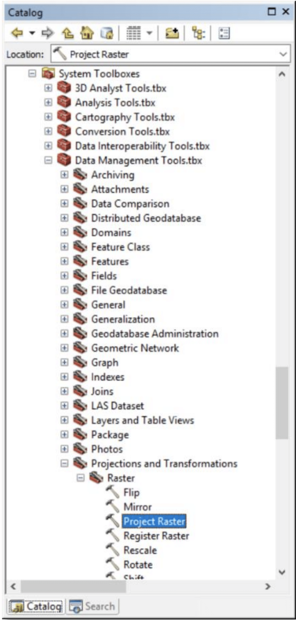 This image shows the location of the Project Raster tool in the ArcGIS System Toolboxes located in the Catalog Window.