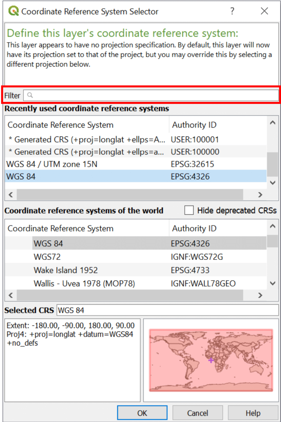 This image shows the Coordinate Reference System Selector