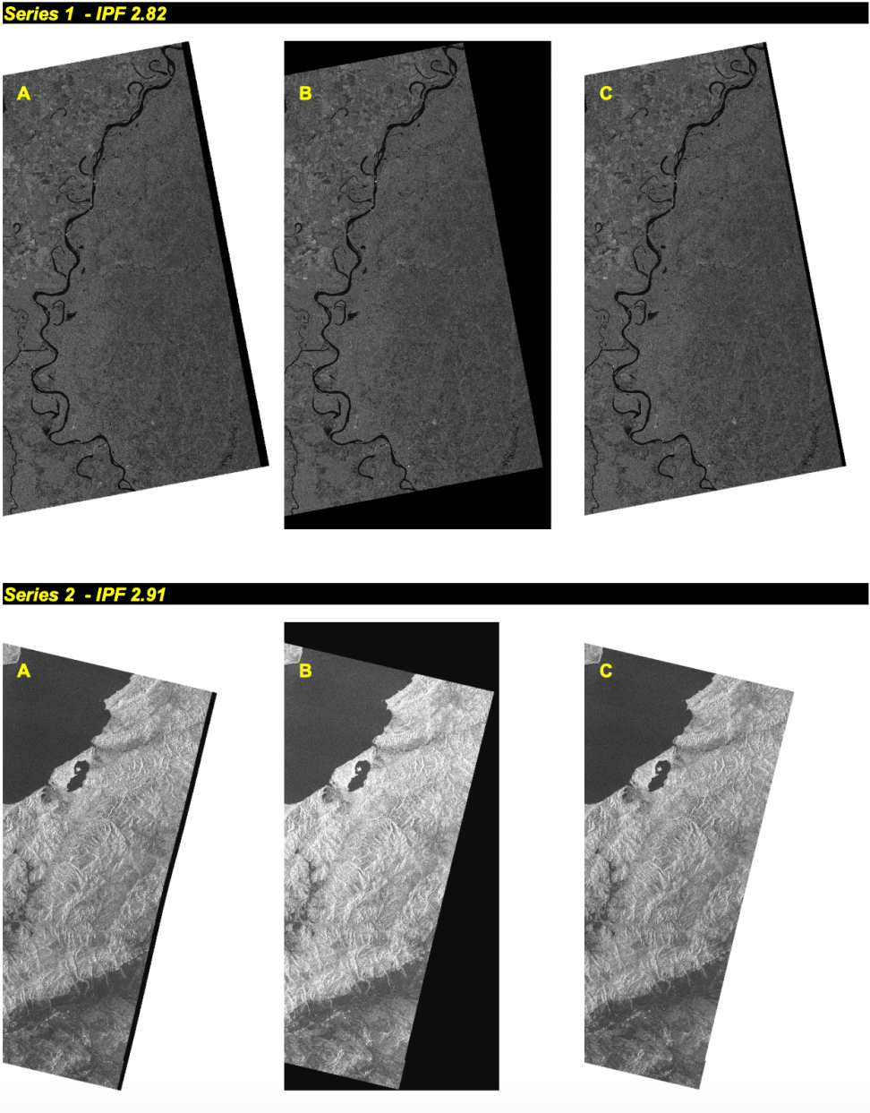 This image shows the different Nodata Settings. Series 1 is an image processed by ESA with IPF 2.82, Series 2 is an image processed by ESA with IPF 2.91. In each series, A is the original GRD with edge pixels, B is the projected GRD with no Nodata settings applied, C is the projected image with Nodata set to 0 in the QGIS 3.X Warp tool.