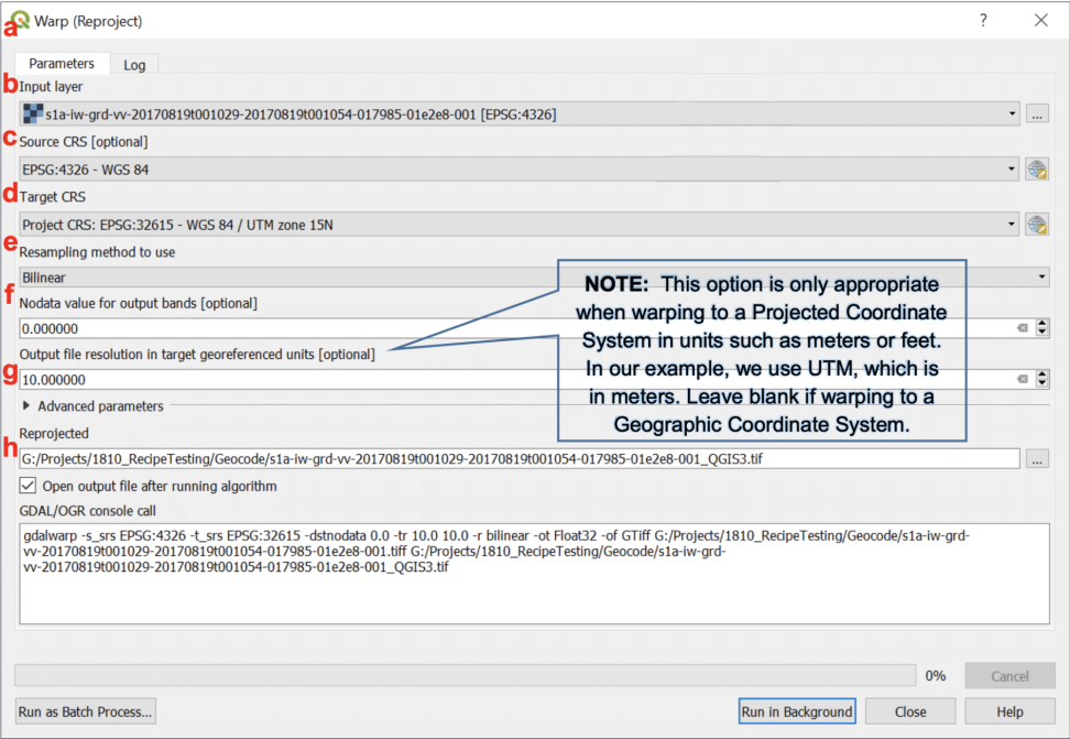 This image shows the QGIS 3.X Warp (Reproject) dialog window