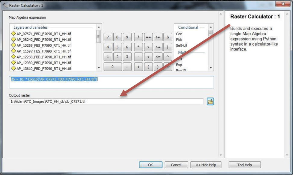 This image shows the Raster Calculator set-up for one sample granule.