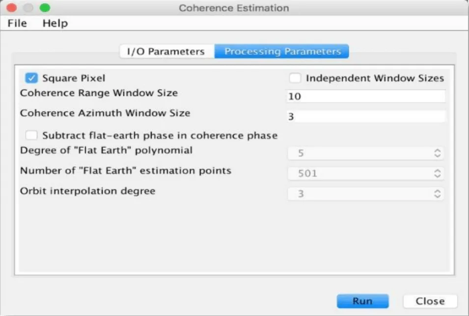 This image shows the Coherence Estimation window with the Processing Parameters tab