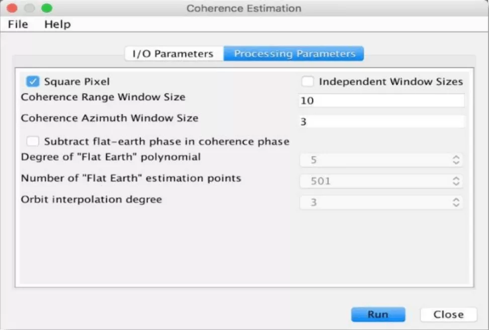 This image shows the Coherence Estimation window with the Processing Parameters tab