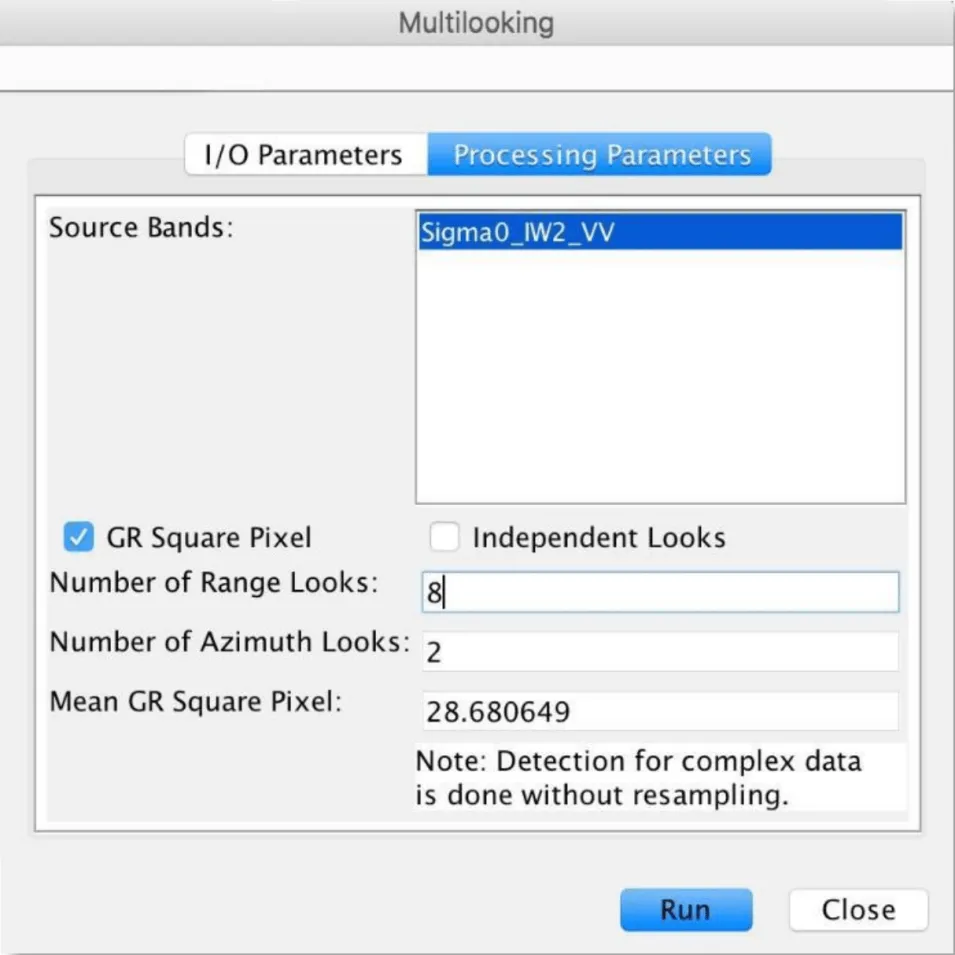 This image shows the Multilooking window with the Processing Parameters tab