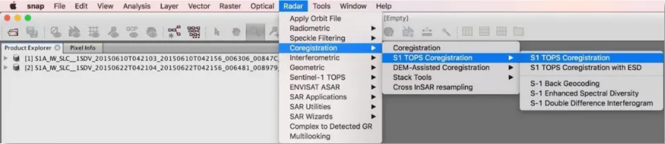 This image shows how to navigate to S-1 TOPS Coregistration